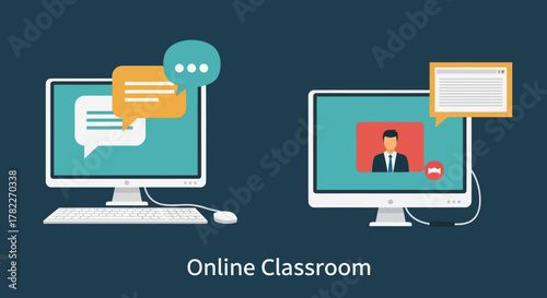 Flat design showing online learning and virtual communication through computers, illustrating remote education, video conferencing, and digital collaboration