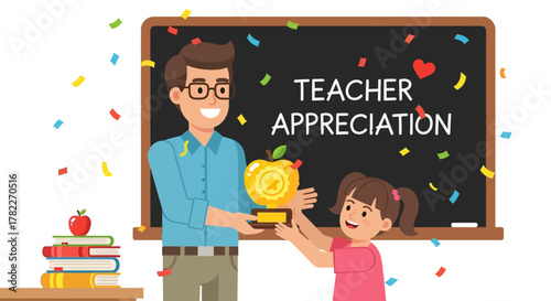 Teacher Appreciation A student gives a golden apple award to her teacher as confetti falls