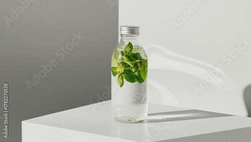 Wallpaper Mural Lemon-infused water with mint leaves in a glass bottle, refreshing beverage choice Torontodigital.ca