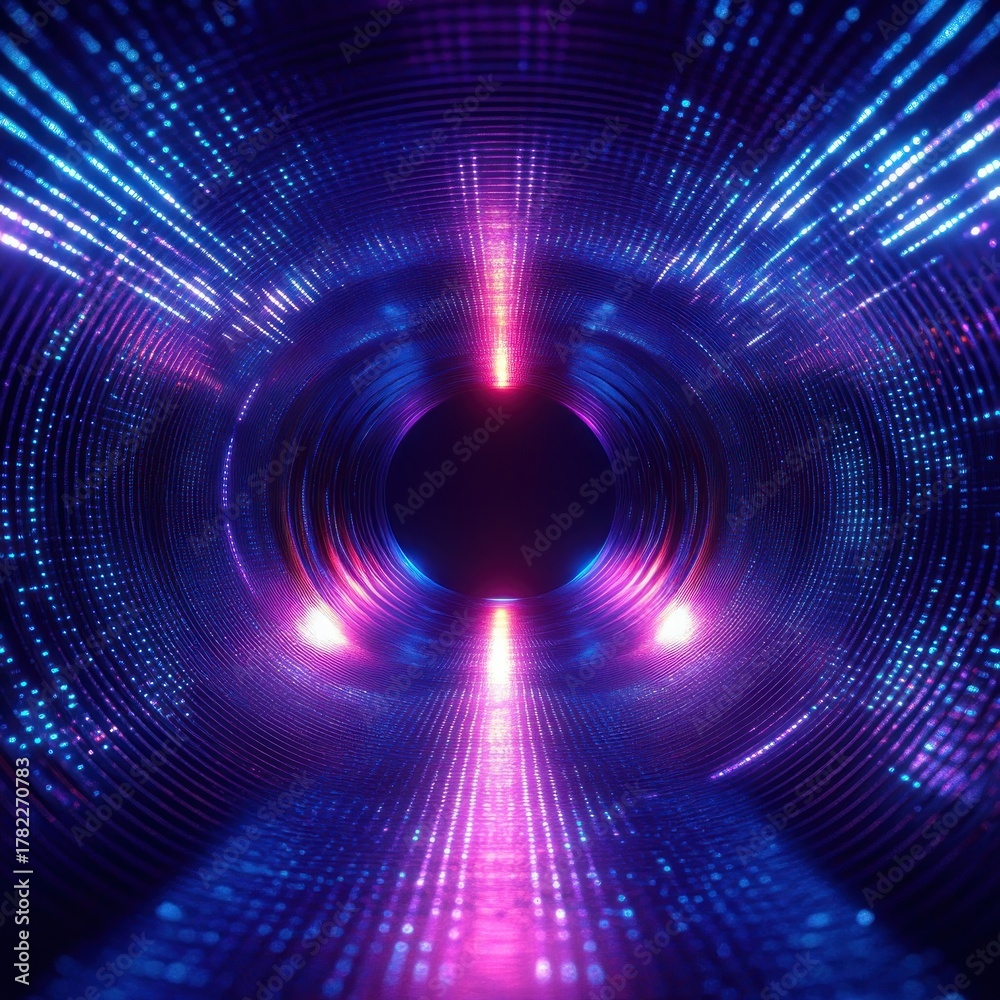 Obraz premium Futuristic glowing tunnel with pulsating purple and blue light patterns creating a dynamic digital vortex effect