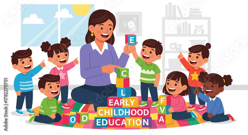 Early Childhood Education Happy Children Learning with Blocks and a Teacher