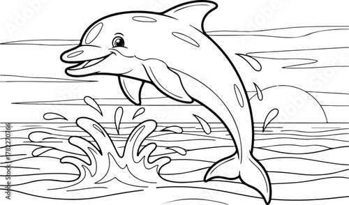 Black and white cartoon drawing of a happy dolphin jumping out of the ocean water with a sunset in the background, suitable for coloring.