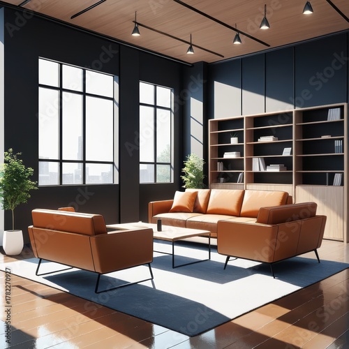 Contemporary Living Room with Stylish Brown Leather Sofa and Large Windows in Modern Interior Design