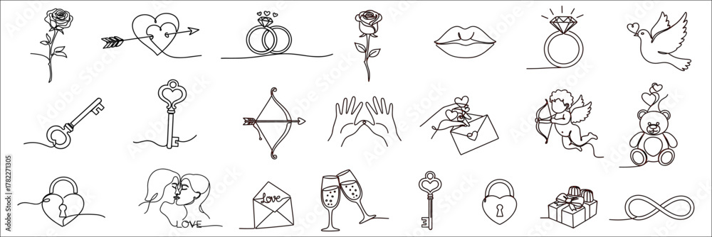 Obraz premium Romantic outline icons with hearts, rings, roses, and champagne for love, wedding, or Valentine design.