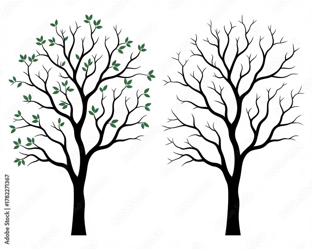 Obraz premium Stunning minimalistic tree silhouettes for seasonal designs spring and winter contrast, perfect for nature-inspired themes and elegant backgrounds