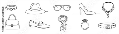 Fashion accessories outline set with shoes, hat, jewelry, bag, and sunglasses for design use.