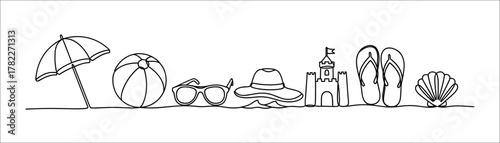 Summer beach icon set with hat, ice cream, surfboard, towel, and flip flops in line style.