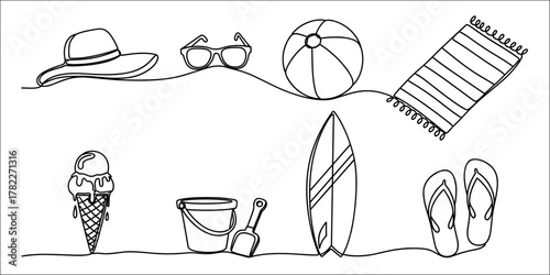 Summer beach icon set with hat, ice cream, surfboard, towel, and flip flops in line style.