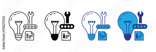 Light bulb with wrench and document icon representing idea, solution, and documentation