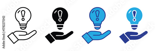 Set of four icons representing a hand holding a lightbulb with an exclamation mark inside, symbolizing ideas and innovation