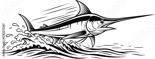 Dynamic outline illustration of a majestic marlin leaping from the frothy ocean waves, a powerful symbol of marine energy and the thrill of deep-sea fishing