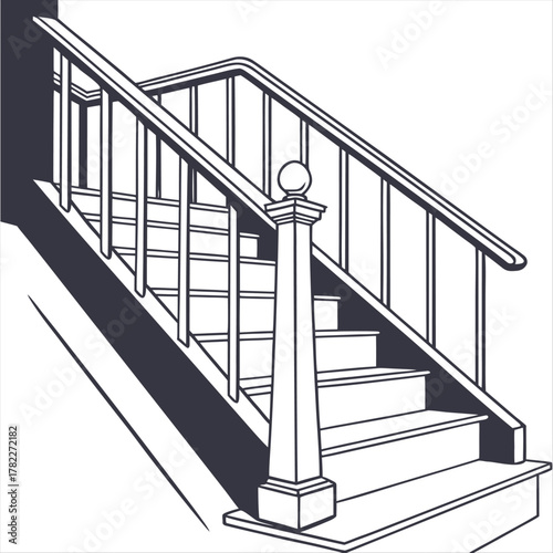 A monochrome image depicting a staircase with a handrail isolated against a white background space