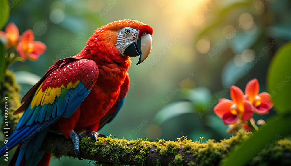 Naklejka premium Scarlet macaw perched on mossy tree with warm sunlight and lush rainforest greenery