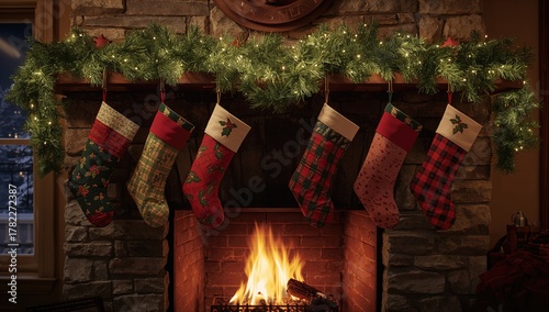 Festive Fireplace Mantel Decorated with Hanging Stockings