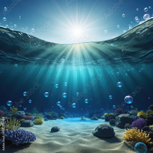 Sunlight Streaming Through Water Surface Over Vibrant Coral Reef Under The Sea