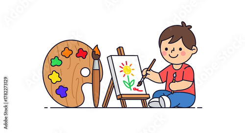 Happy child painting a colorful flower on a canvas, enjoying art and creativity with a palette of colors