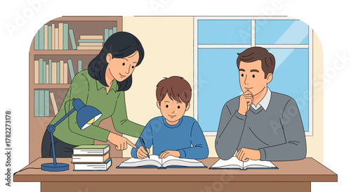 Caring parents provide guidance and support to their child during homework time, fostering a productive and positive learning environment at home