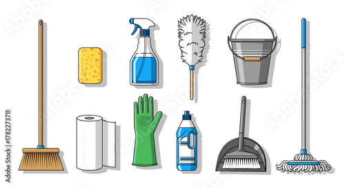 Illustration of various cleaning supplies including brooms mops and cleaning solutions arranged neatly