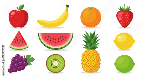 Illustration of a variety of fruits including apple banana orange strawberry and watermelon and more fruits