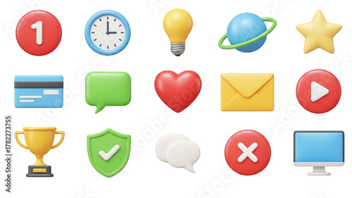 3D Vector Icons Set: Social Media, Business, App UI/UX, Notification and Communication Symbols
