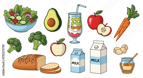 Illustration of a variety of healthy foods including fruits vegetables and dairy products displayed neatly