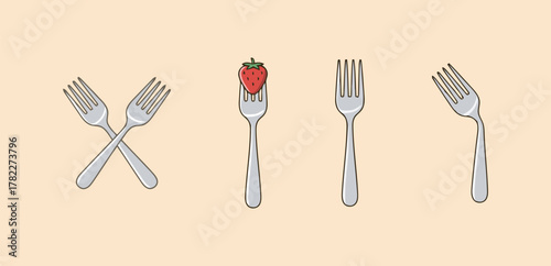 Minimalist vector illustration set of stainless steel forks in different positions, including one with a strawberry, representing dining, kitchen, and eating concepts.