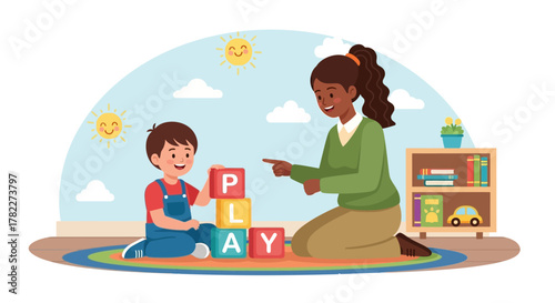 Joyful early learning A caring adult guides a young boy in childhood development through engaging playtime with colorful alphabet building blocks, fostering literacy skills