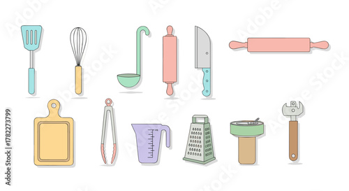 Illustration showing various kitchen cooking and baking utensils arranged on a white background surface