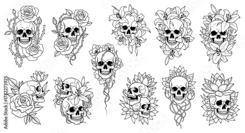 Collection of line art skulls adorned with various flowers in detailed black and white drawings