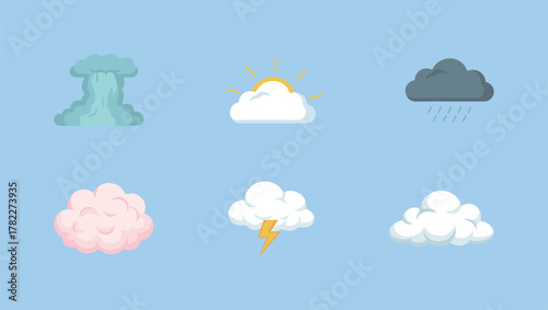 Colorful and simple vector illustration set of various weather conditions and clouds, including sun, rain, and thunder, for forecast and environment concepts.