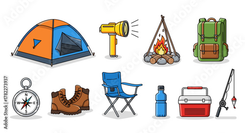 Camping equipment including a tent, backpack, campfire, fishing pole, boots, and a compass are shown