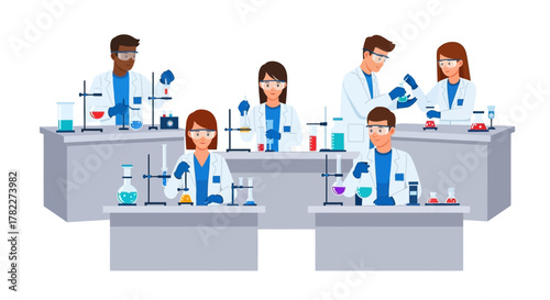 Science Lab Teamwork Illustration of Researchers Conducting Scientific Investigations
