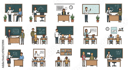 Illustrations of teachers teaching in classrooms with students and blackboards and whiteboards shown here