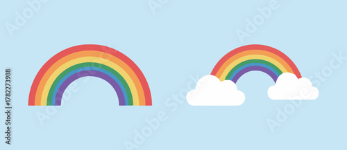 Simple and colorful vector illustration set of rainbows and clouds on a blue background, symbolizing hope, diversity, weather, and cheerful natural phenomena.