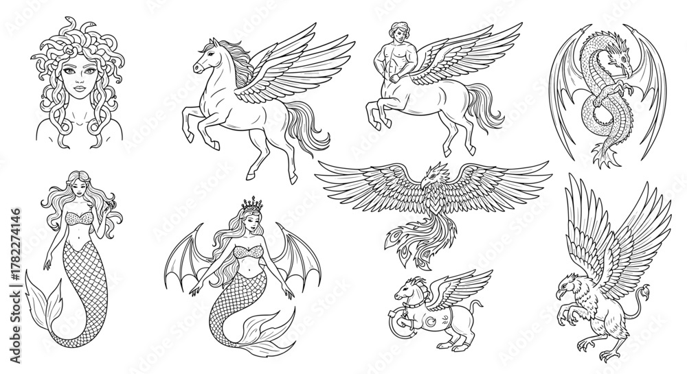 Fototapeta premium Collection of mythical creatures including mermaids pegasus dragon phoenix and other winged beings