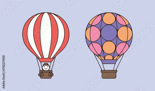 Colorful vector illustrations of two hot air balloons with a pilot, representing travel, adventure, freedom, and transportation for recreational flight.