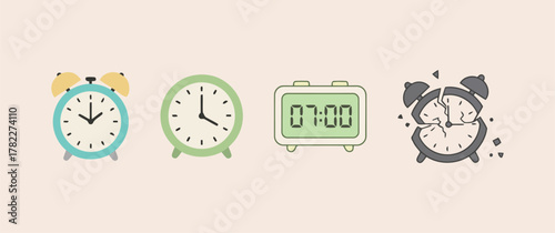 Vector icon set of various alarm clocks, including analog, digital, and a broken clock, representing time management, waking up, and schedule concepts.
