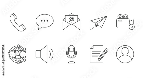 Outline icons representing communication methods including phone email and social media elements shown