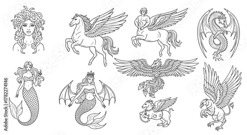Collection of mythical creatures including mermaids pegasus dragon phoenix and other winged beings