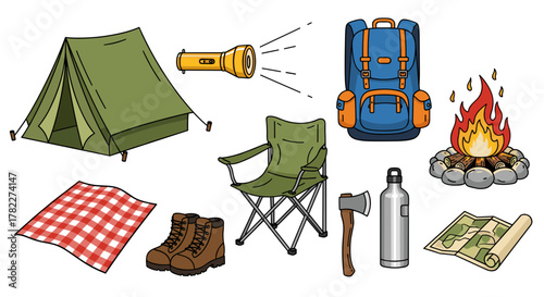 Illustration of camping equipment including a tent backpack and campfire on a white background