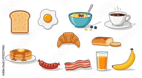 Illustration showing a variety of breakfast foods including toast egg cereal and other items spread out