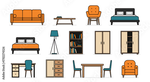 Illustration of assorted furniture including sofas beds tables chairs and storage units on white background