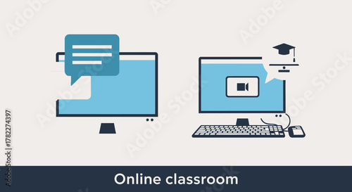 Modern concept of online learning and virtual classroom environment, illustrating digital education, remote communication, and e-learning platforms for students