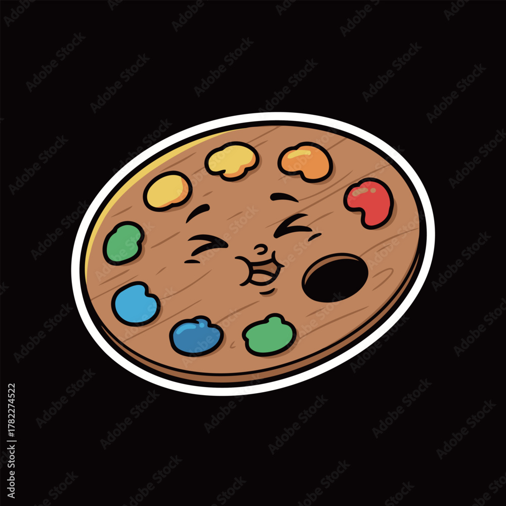 Fototapeta premium Joyful Wooden Artist's Palette with Colorful Paint Spots Cartoon Character Sticker: Happy Painter Mascot for Art and Creativity