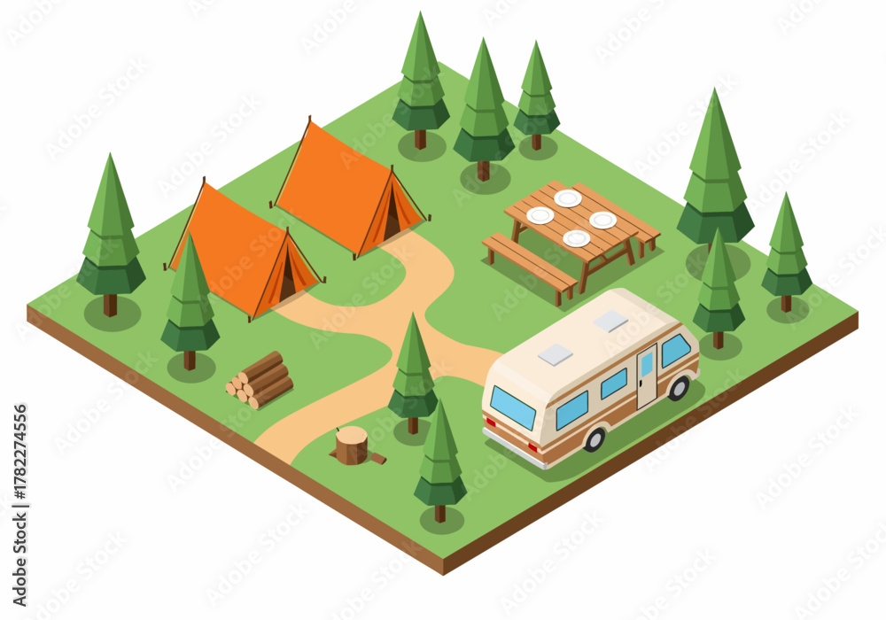 Obraz premium A stylized isometric vector illustration captures a clean, organized campground with an RV, orange tents, and a picnic table set among tranquil pine trees