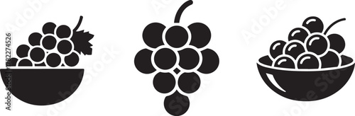 Three stylized black grape bunches silhouette on white background