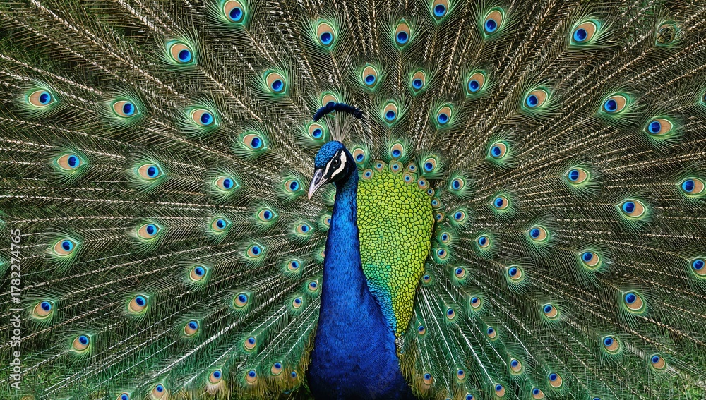 Obraz premium Blue Peacock, vibrant plumage and striking appearance, showcasing beauty in nature