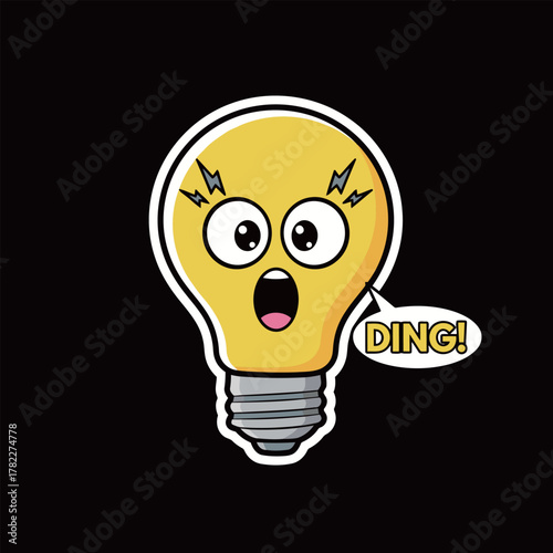 Light Bulb with Shocked Face and "Ding!" Speech Bubble Cartoon Character Sticker: Idea Concept Mascot for Innovation and Epiphany Moment