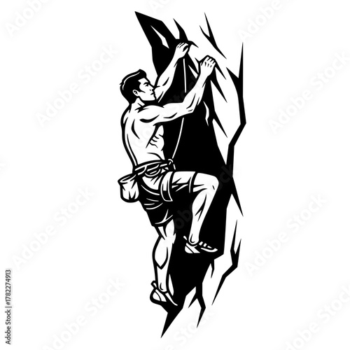 Dynamic Rock Climber Ascending - Bold Black and White Vector Illustration Generative ai 