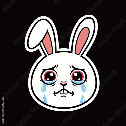 Crying White Bunny Rabbit Head with Tears Cartoon Character Sticker: Very Sad Pet or Animal Mascot for Grief, Sorrow, and Distress